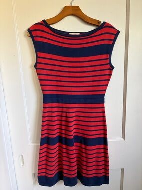 Trina Turk Navy and Orange Striped Knit Fit-and-Flare Dress